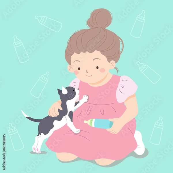 Obraz The girl is holding a baby bottle in hand, ready to eat for the kitten, and the kitten is standing