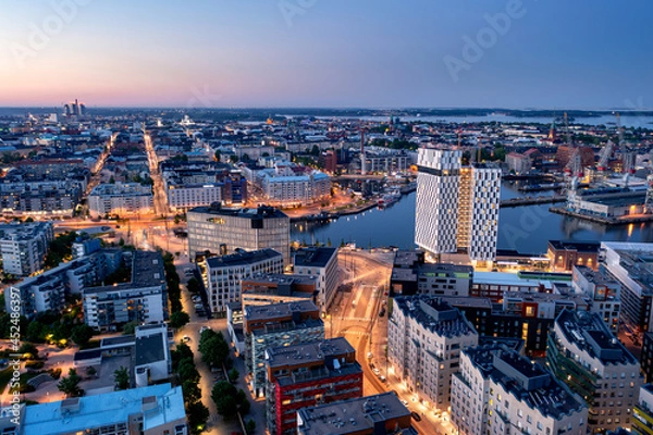 Fototapeta Aerial view of the modern neighborhood Jatkasaari of Helsinki, Finland. Modern Nordic architecture.
