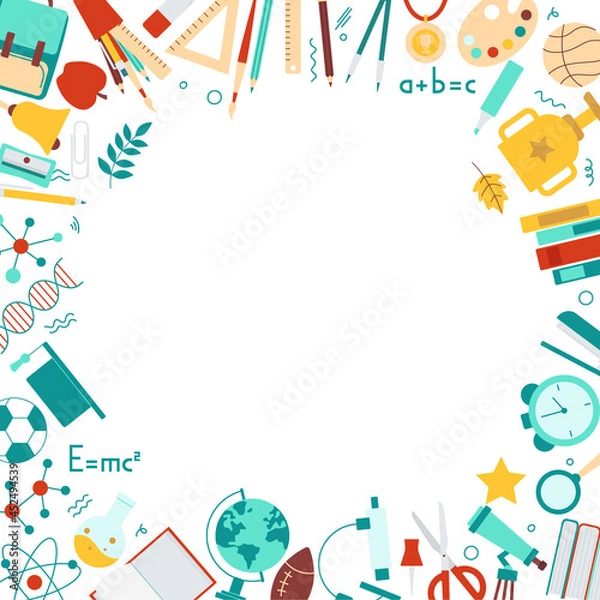 Obraz School supplies icon frame in flat style. Square template concept back to school, stationery sale. Pen, globe, backpack, ruler, book, brush. Vector illustration isolated on white background