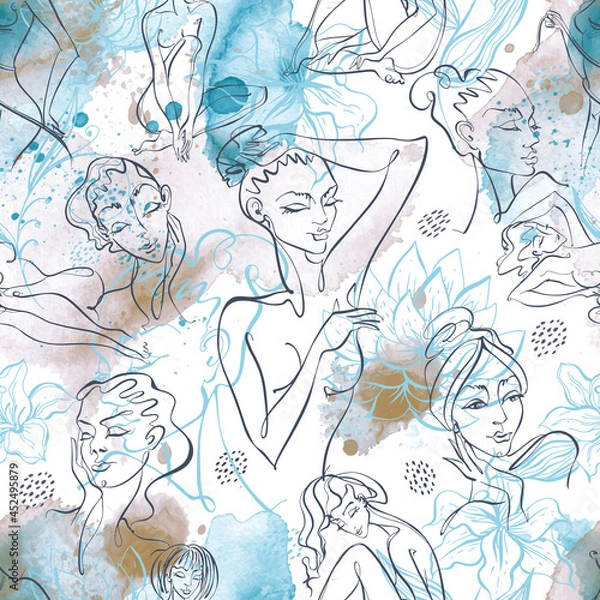 Fototapeta Line art. Beauty body. Seamless pattern with beautiful girls on a watercolor background . Vector