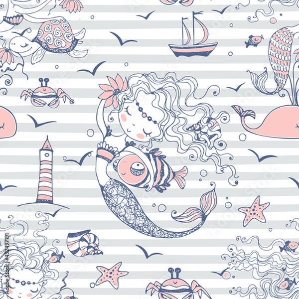 Fototapeta Seamless pattern with cute mermaids on a striped background. Vector