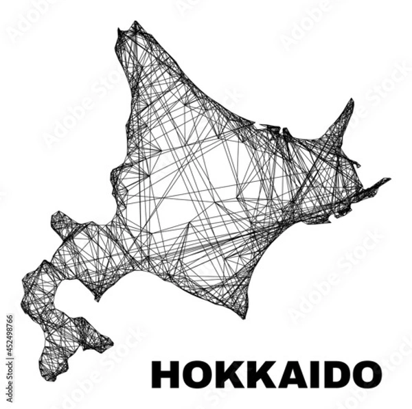 Fototapeta Wire frame irregular mesh Hokkaido map. Abstract lines are combined into Hokkaido map. Wire carcass flat net in vector format.