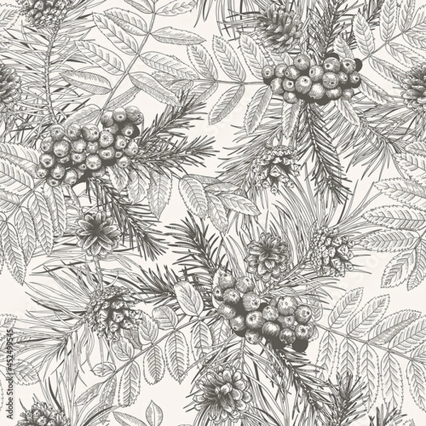 Fototapeta Christmas seamless pattern with rowan, spruce and pine. Botanical background with cones, branches and  berries. Black and White.