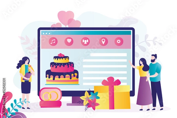 Fototapeta Couple discussing details of wedding with organizer. Bride discussing banquet with employee of wedding agency