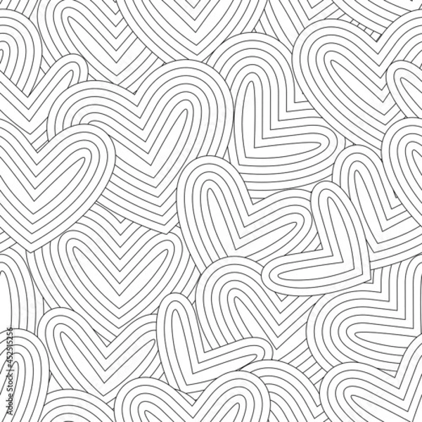 Fototapeta Black and white seamless pattern for coloring book in doodle style. Hearts, Swirls, ringlets.