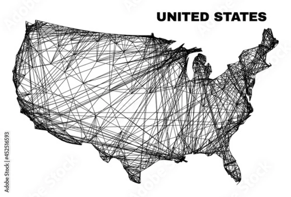 Fototapeta carcass irregular mesh United States map. Abstract lines form United States map. Linear carcass 2D net in vector format. Vector carcass is created for United States map using intersected random lines.
