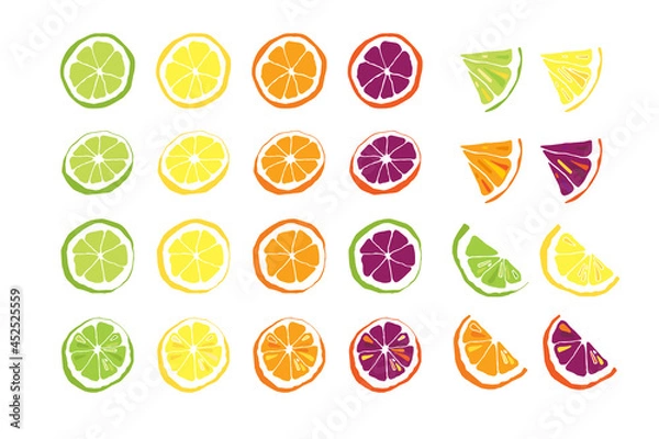 Fototapeta Vector set with slice, half and quarter of lemon, lime, orange and grapefruit on white background. Illustration for wrapping paper, post cards, prints for clothes, and emblems.