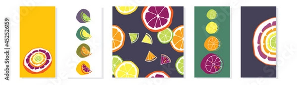 Fototapeta Vector set of colourful background with slice, half and quarter of lemon, lime, orange and grapefruit on color background. Illustration for wrapping paper, post cards, prints for clothes, and emblems.