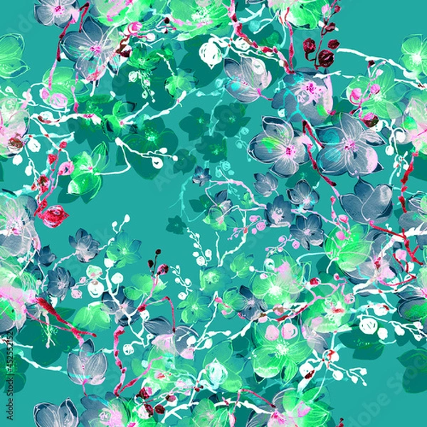 Fototapeta Abstract seamless floral print drawn exotic flowering branches. Beautiful print for decoration of textiles and design. Light pastel art background.