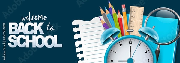 Fototapeta School banner or header. Stationery supplies on blue background with lettering. Realistic 3d vector illustration.