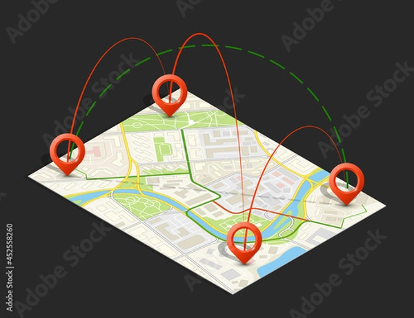 Obraz Isometric city map business infographic navigation, flat isometry point markers schema, 3D simple city plan GPS navigation, final destination arrow paper city map. Route delivery check point graphic