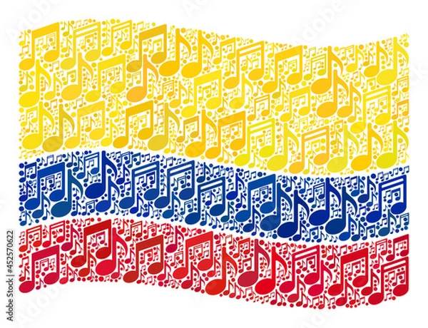 Fototapeta Mosaic waving Colombia flag designed of melody icons. Vector musical mosaic waving Colombia flag done for concert posters. Colombia flag collage is designed of random melody items.