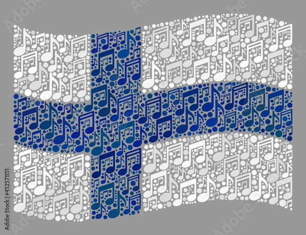 Fototapeta Mosaic waving Finland flag designed of music symbols. Vector music mosaic waving Finland flag constructed for party illustrations. Finland flag collage is shaped of random music items.