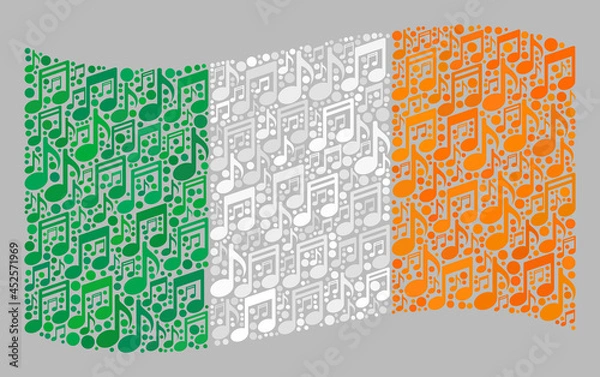 Fototapeta Mosaic waving Ireland flag constructed with musical notes. Vector melody mosaic waving Ireland flag combined for party purposes. Ireland flag collage is made with random melody icons.