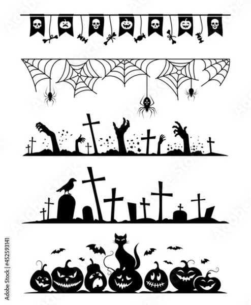 Fototapeta Happy Halloween set of design elements and borders. Isolated black silhouette. Vector