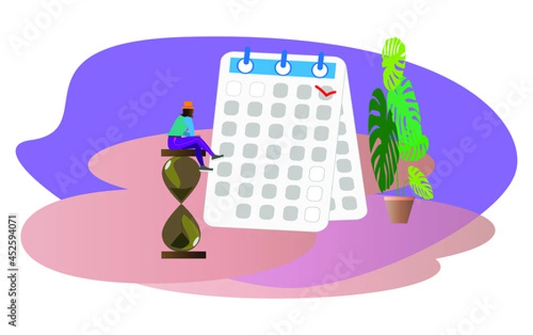 Fototapeta Planner concept vector illustration of a young woman near large calendar and planning a work week. Flat design of business people completing work schedule for effective task management