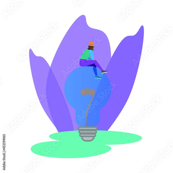 Fototapeta Vector image of a girl sitting on a light bulb. For website and application design.