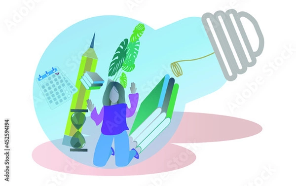 Fototapeta Vector image of a light bulb inside which there is a girl looking for a way out. For the design of websites, applications and wallpapers.