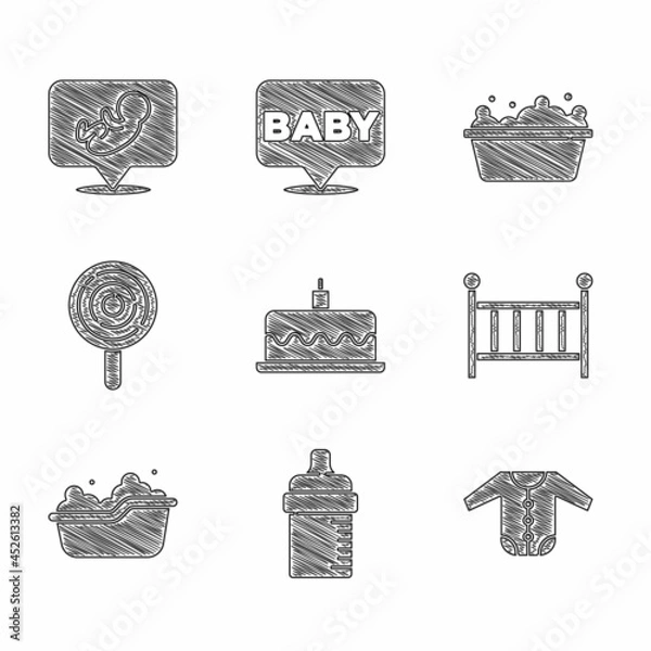 Fototapeta Set Cake with burning candles, Baby bottle, clothes, crib cradle, bathtub, Lollipop, and icon. Vector