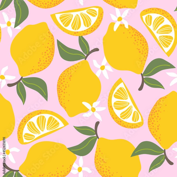 Obraz Tropical seamless pattern with yellow lemons isolated on pink background. Design for textile, wrapping paper, wallpaper.
