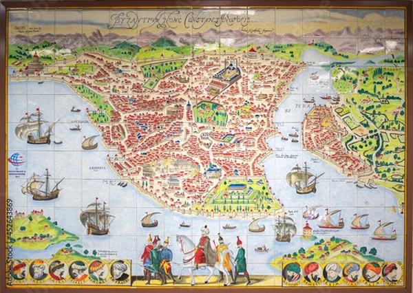 Obraz Old Istanbul map engraved on tiles with miniature technique on the wall of the metro station