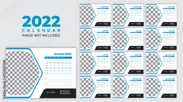 Obraz desk calendar 2022, table calendar,2022 calendar template. Corporate and business planner diary. Week starts on Sunday. Set of 12 months 2022 pages.