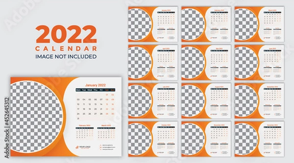 Obraz desk calendar 2022, table calendar,2022 calendar template. Corporate and business planner diary. Week starts on Sunday. Set of 12 months 2022 pages.