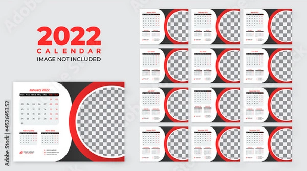 Obraz desk calendar 2022, table calendar,2022 calendar template. Corporate and business planner diary. Week starts on Sunday. Set of 12 months 2022 pages.