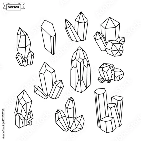 Fototapeta Set of vector linear icons. Collection of minerals and natural crystals.