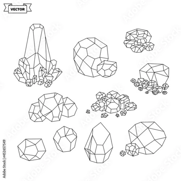 Fototapeta Set of vector linear icons. Collection of minerals and natural crystals.