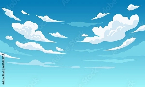 Fototapeta Vector illustration, blue sky with white clouds, as background or banner image, International Day of Clean Air for Blue Skies.