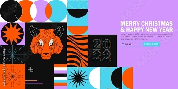 Fototapeta Brutalism art abstract christmas or 2022 new year banner with simple geometric shapes, forms and tiger portrait. Bold form graphic design for web site, greetings cards, posters, prints, backgrounds.
