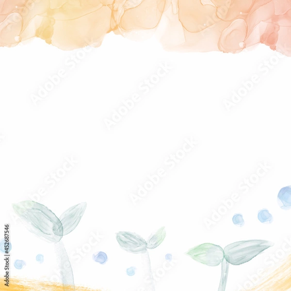 Fototapeta アルコールインクアート背景）グラデーション・双葉　正方形　春　ナチュラル　かわいい　コピースペース