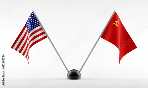 Fototapeta Stand with two national flags. Flags of USA and the USSR. Isolated on a white background. 3d rendering