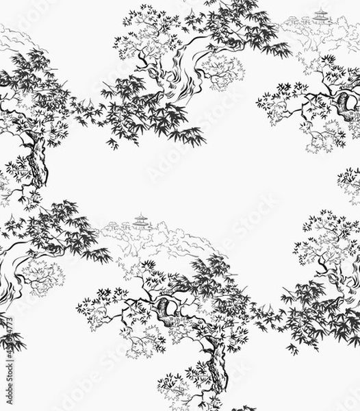 Obraz mountain landscape asian chinese japanese engraved vector seamless pattern