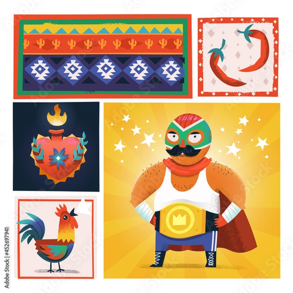 Obraz Vector illustration card with Mexican people and elements. Luchador famous Mexican wrestler character in traditional outfit. 