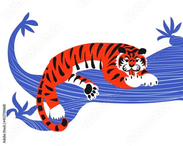 Fototapeta A tiger lying on a tree branch licks a paw. An illustration, a hand-drawn drawing, a graphic element for the designer.