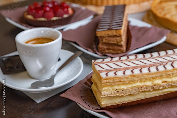 Obraz Millefeuille served with a cup of coffee