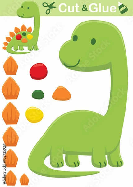 Fototapeta Funny green stegosaurus cartoon. Education paper game for children. Cutout and gluing