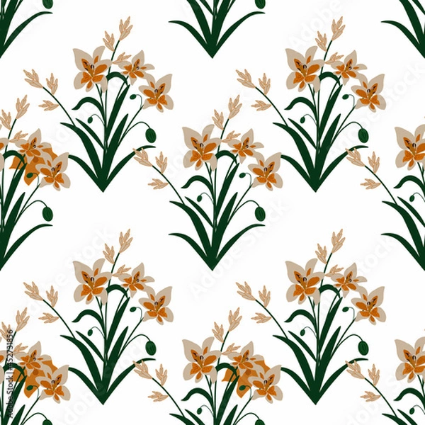 Fototapeta Lilies flowers  Vector ilustration seamless patern with white background.Great for textile,fabric,wrapping paper,and any print.