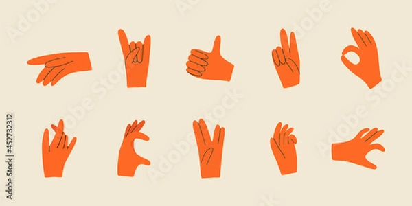 Fototapeta Set with various hands gestures. Different gestures, pointing finger. Trendy hand drawn colored trendy Vector illustration. All elements are isolated.