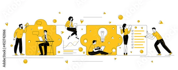 Fototapeta People connecting puzzle elements.