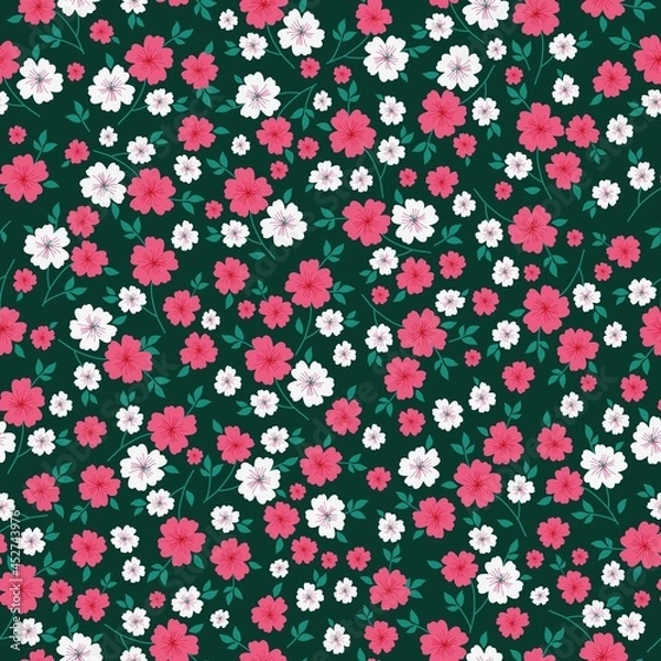 Fototapeta Seamless vintage pattern. wonderful white and pink flowers , green leaves on a dark green background. vector texture. trend print for textiles and wallpaper.