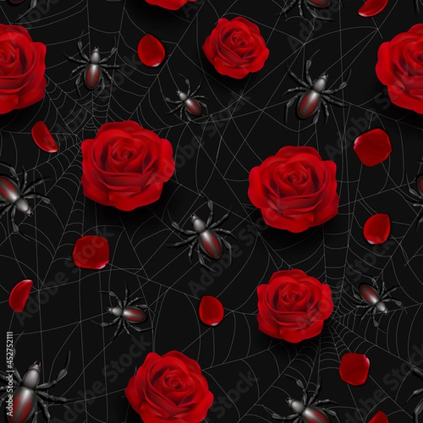 Obraz Vector seamless pattern with cobweb, red roses and spiders.