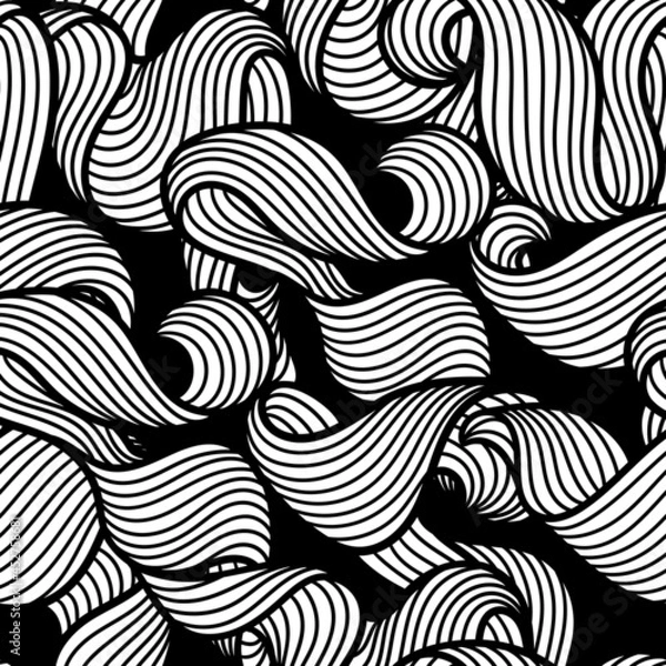 Fototapeta Seamless pattern with wave line curls. Monochrome stripes black and white texture. Wavy abstract hair.