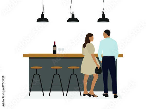 Obraz Male character and female character in elegant clothes at the bar