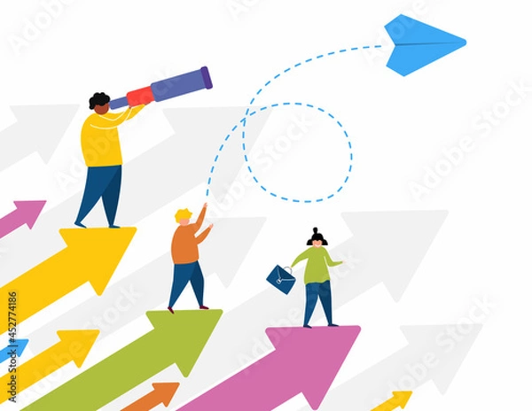 Obraz Successful people and his team standing at arrows and looking with the telescope for new business opportunities. New business, start up Business concept illustration