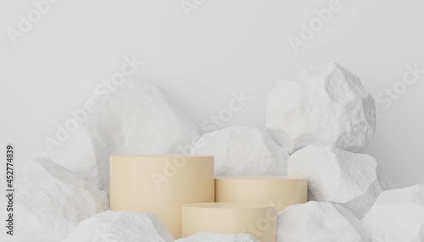 Fototapeta Abstract display podium with minimal geometric shapes design. 3d  rendering scene for mock up and product presentation. Pedestal platform for cosmetic advertise.