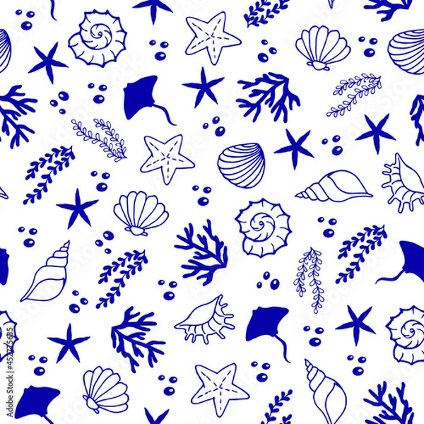 Fototapeta Seamless marine-themed pattern with shells, ships, marine life.