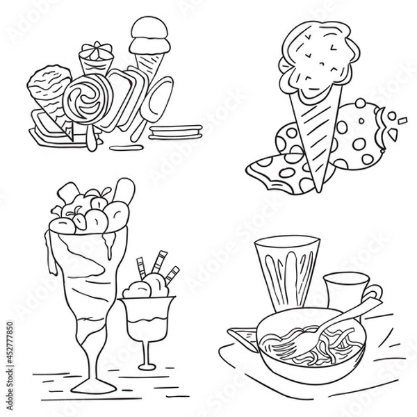 Fototapeta Beautiful ice cream set in black and white Drawing Summer vacation coloring page for kids Vector